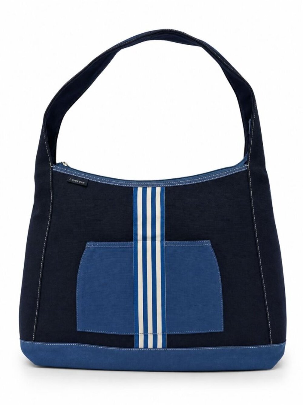 Lands End Canvas Tote Navy Blue Zip Top Shoulder Beach Bag Nautical Stripes